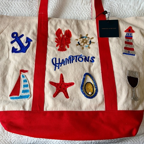 America & Beyond Handbags - America & Beyond 'Hamptons' Limited Edition Beaded Canvas Tote-Red and Cream